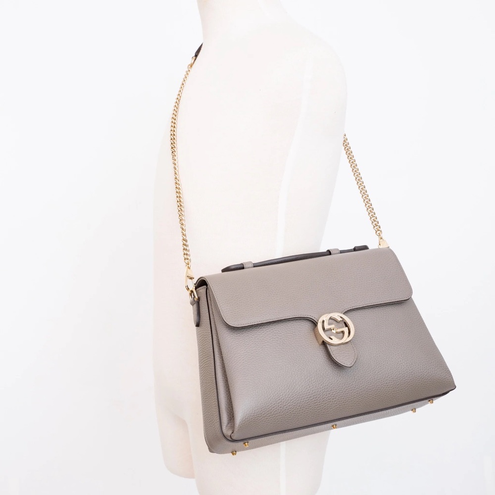 Interlocking Gucci Pebbled Leather Grey Crossbody Bag